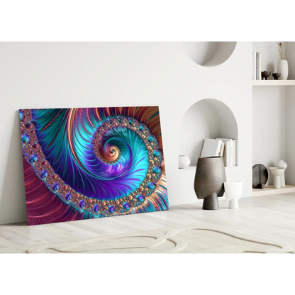 Mesmerizing teal purple gold fractal spiral glass wall art