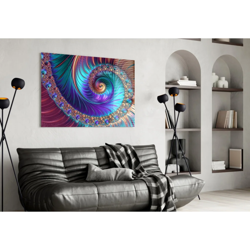 Mesmerizing teal purple gold fractal spiral glass wall art above sofa