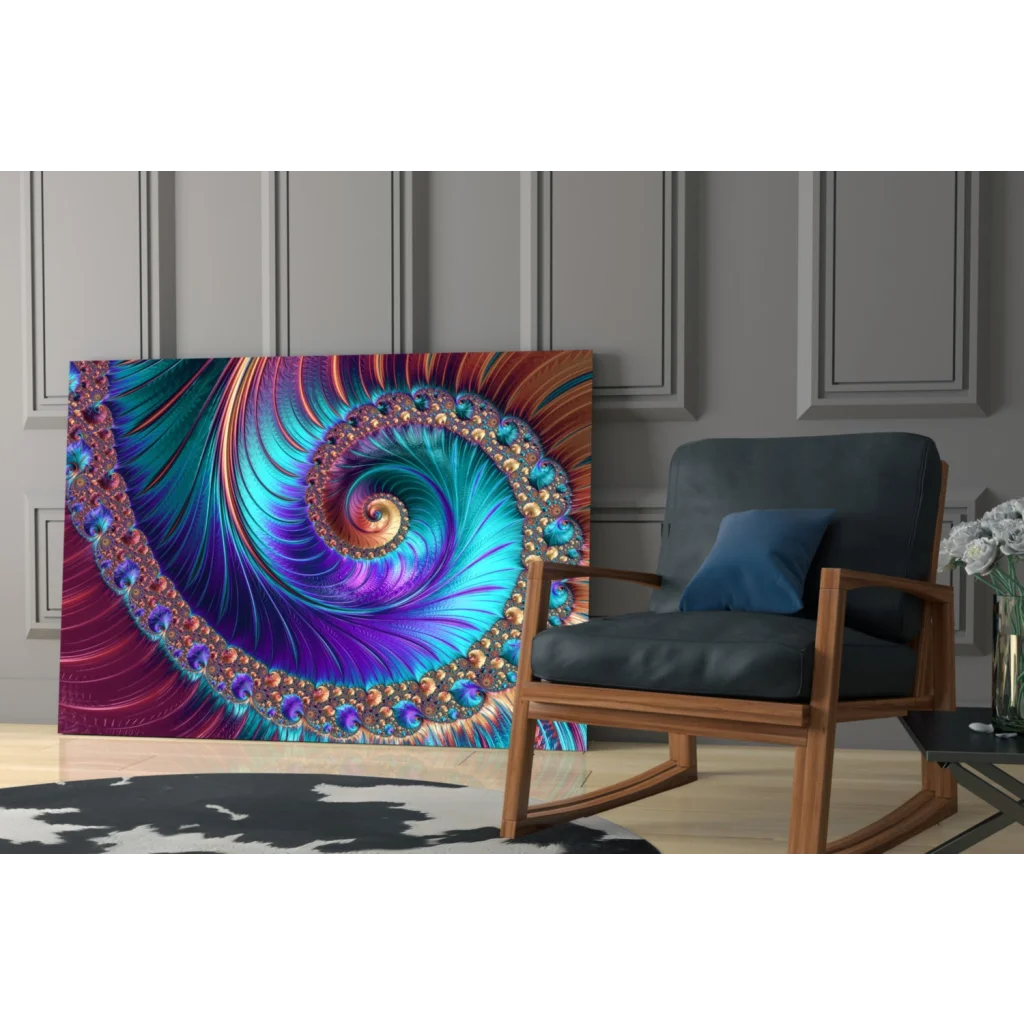 Mesmerizing teal purple gold fractal spiral glass wall art