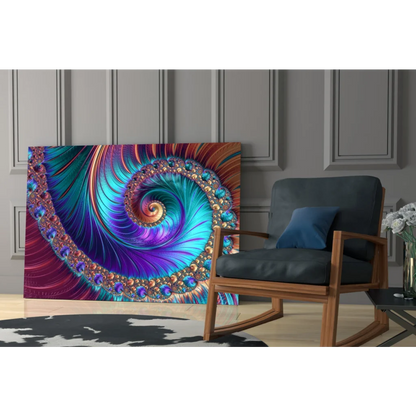 Mesmerizing teal purple gold fractal spiral glass wall art