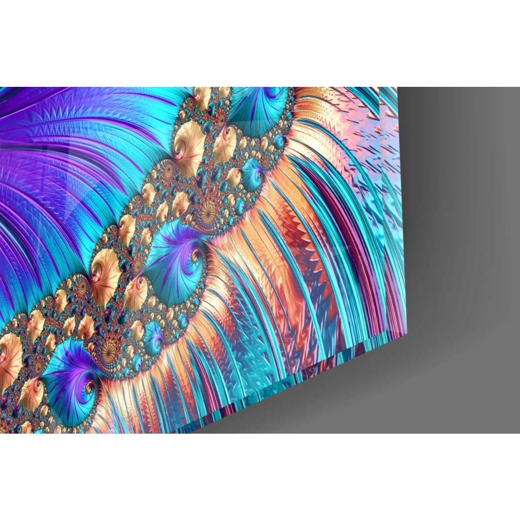 Mesmerizing fractal spiral glass wall art in teal purple gold