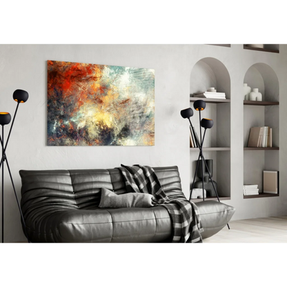 Fiery swirls glass wall art canvas in red, orange, yellow, teal on dark background