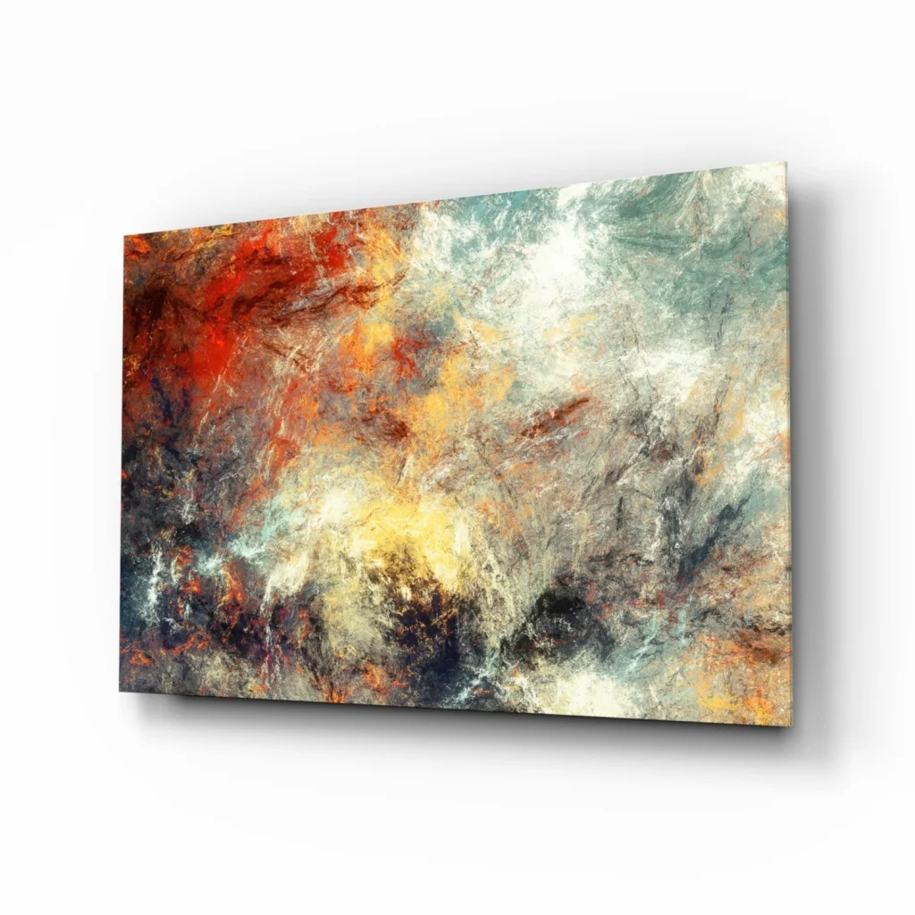 Fiery swirls glass wall art canvas in reds, oranges, teals, golds