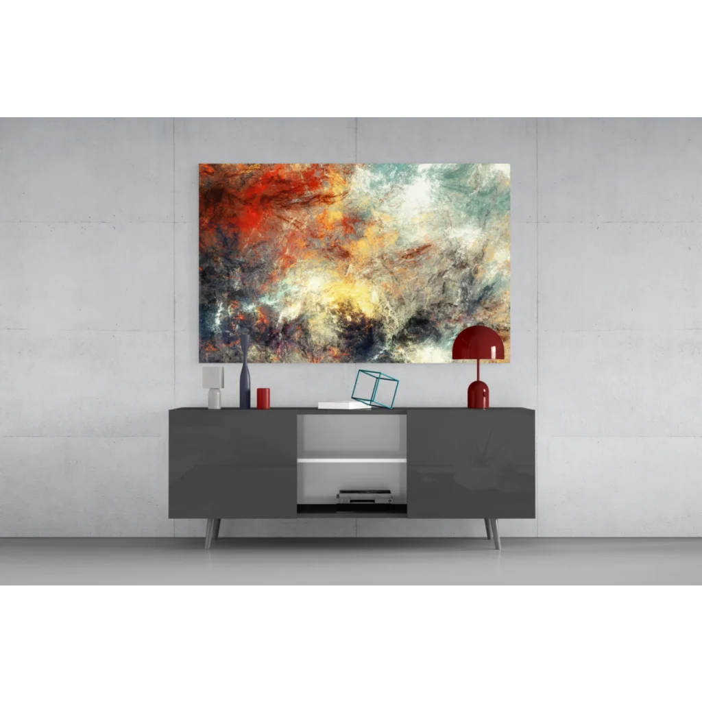 Vibrant fiery swirls glass wall art canvas in red, orange, teal and gold
