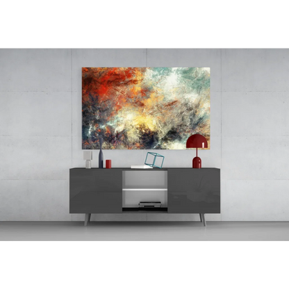 Vibrant fiery swirls glass wall art canvas in red, orange, teal and gold