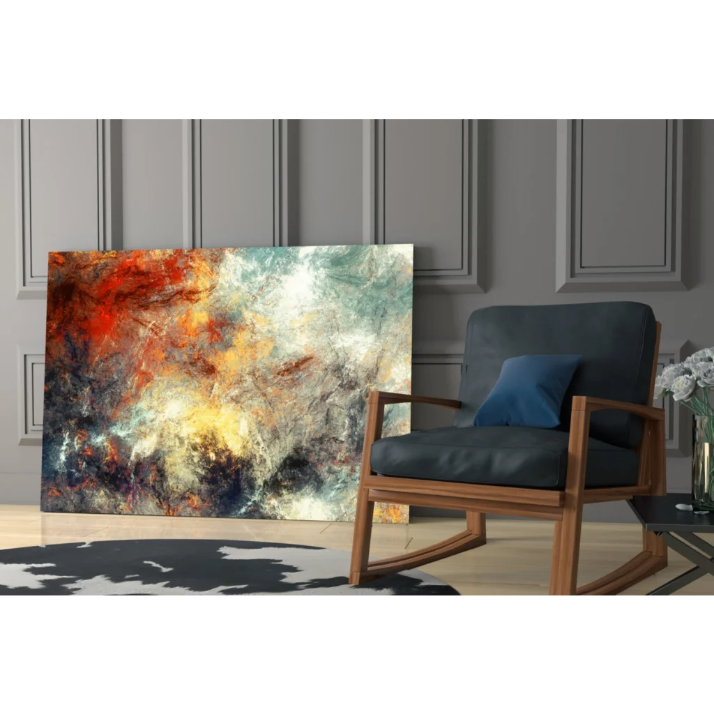 Vibrant fiery swirls glass wall art canvas with teal and gold accents