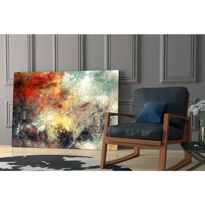 Vibrant fiery swirls glass wall art canvas with teal and gold accents