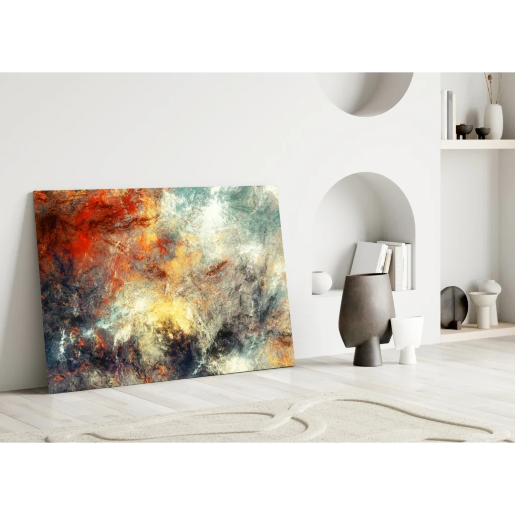 Vibrant fiery swirls glass wall art canvas with teal and gold accents