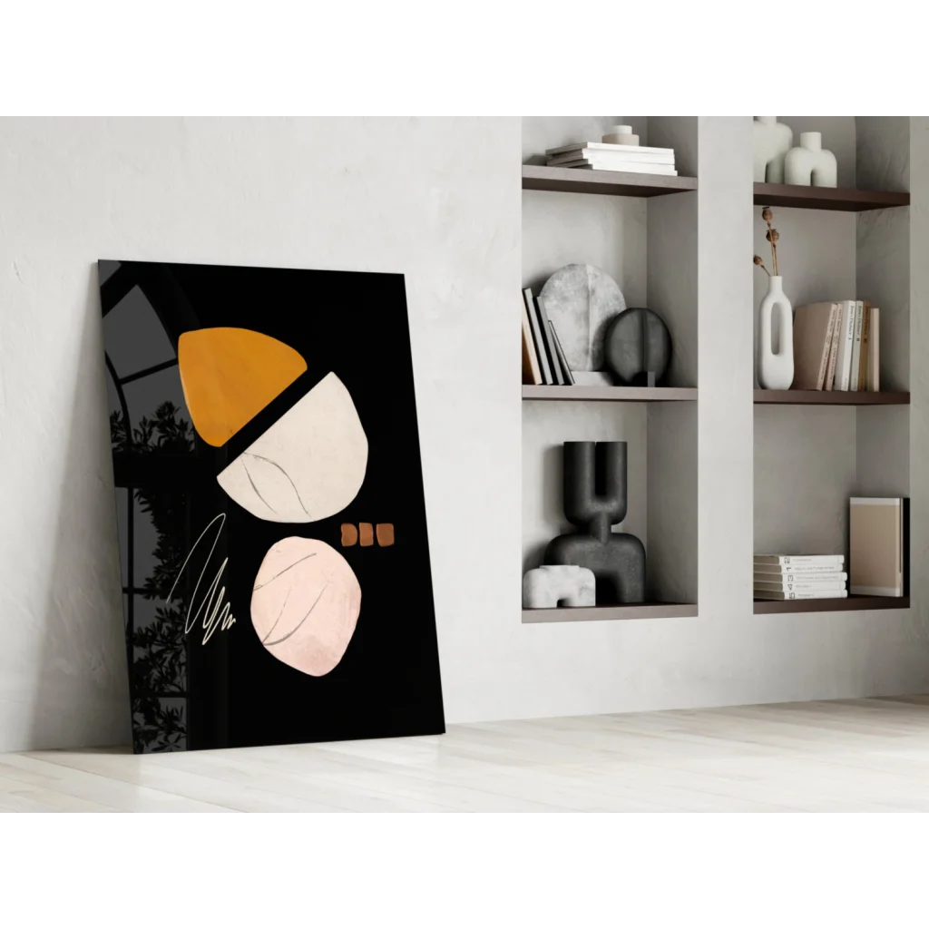 Bold geometric glass wall art in mustard yellow, cream, and blush pink on black