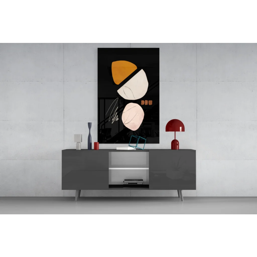 Bold orange and blush pink geometric glass wall art on black background