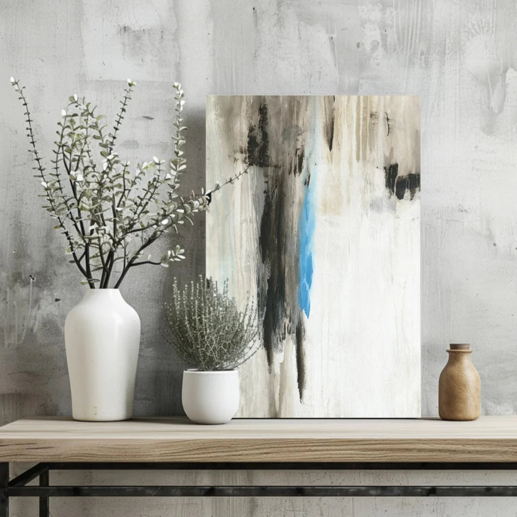 Bold blue abstract insigne aluminum print with black white brushstrokes on gray wall