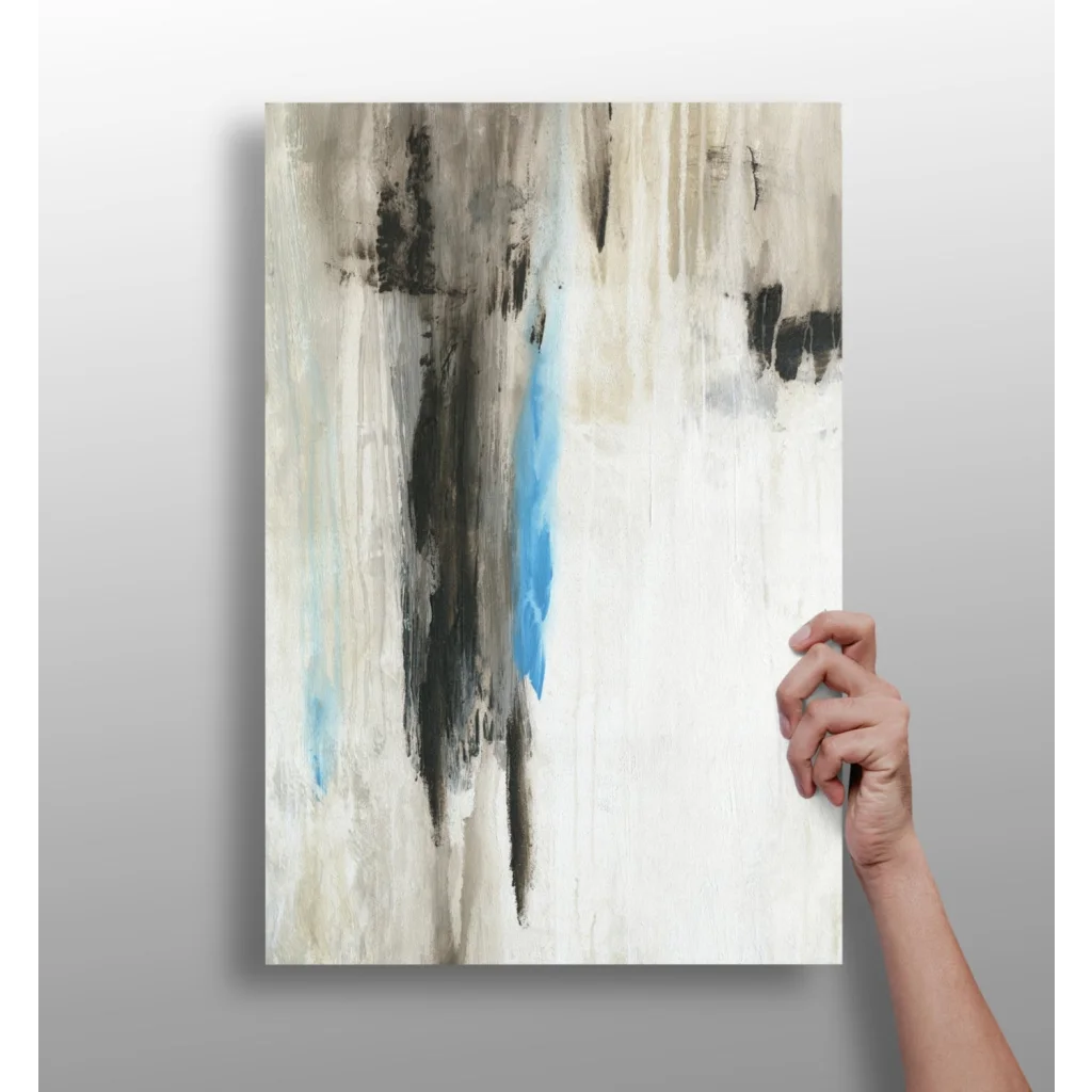 Bold blue abstract insigne aluminum print with black brushstrokes on textured off-white