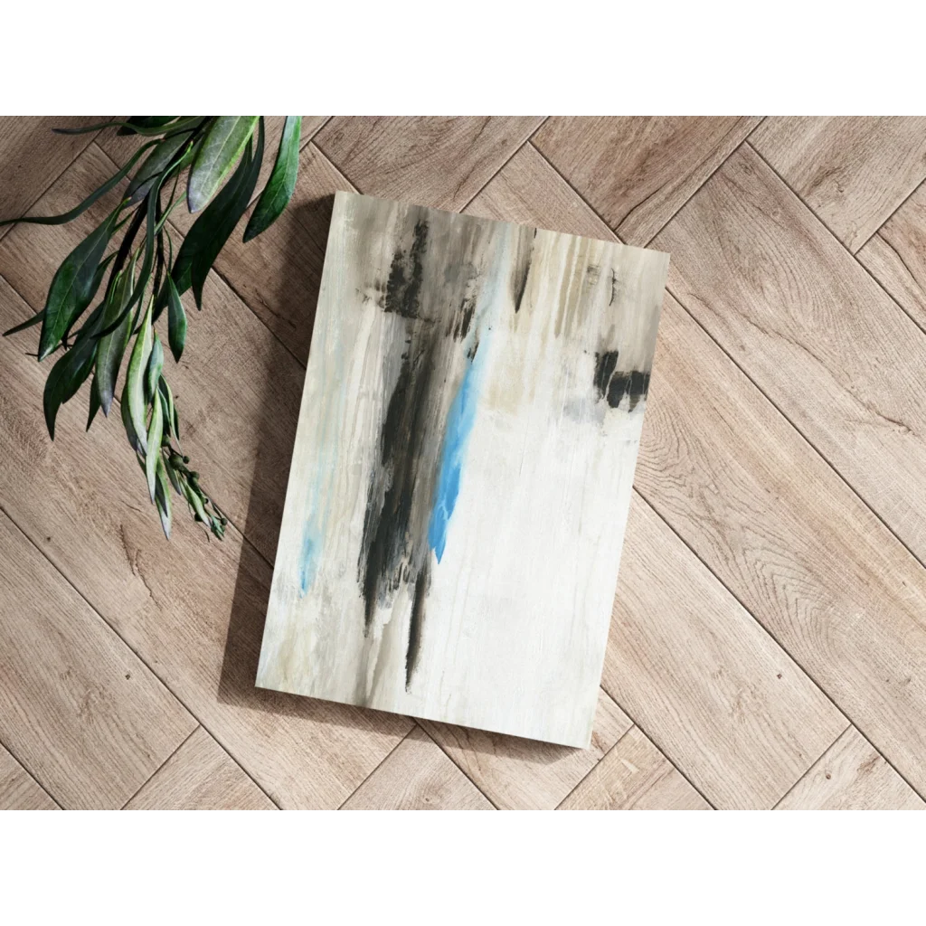 Bold blue abstract insigne aluminum print with black brushstrokes on textured background