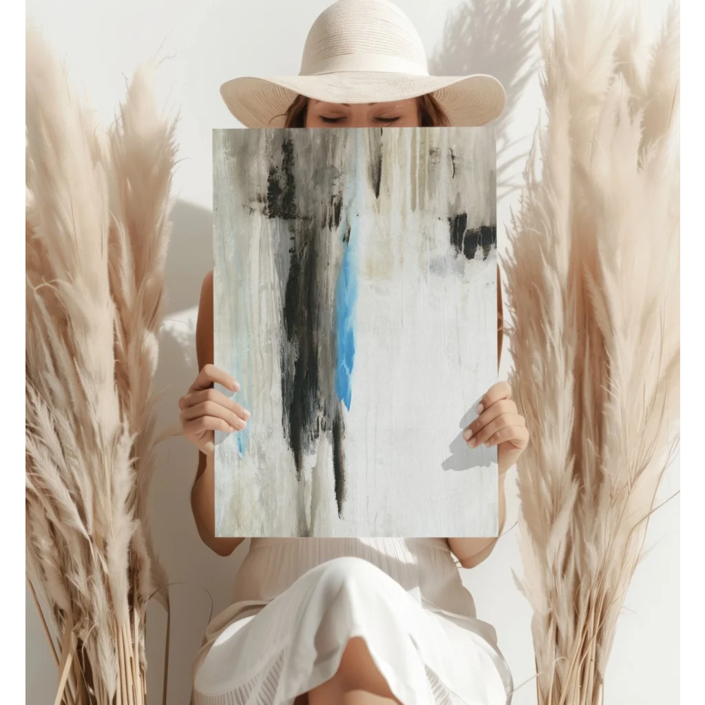 Bold blue abstract insigne aluminum print with black, blue, white vertical strokes