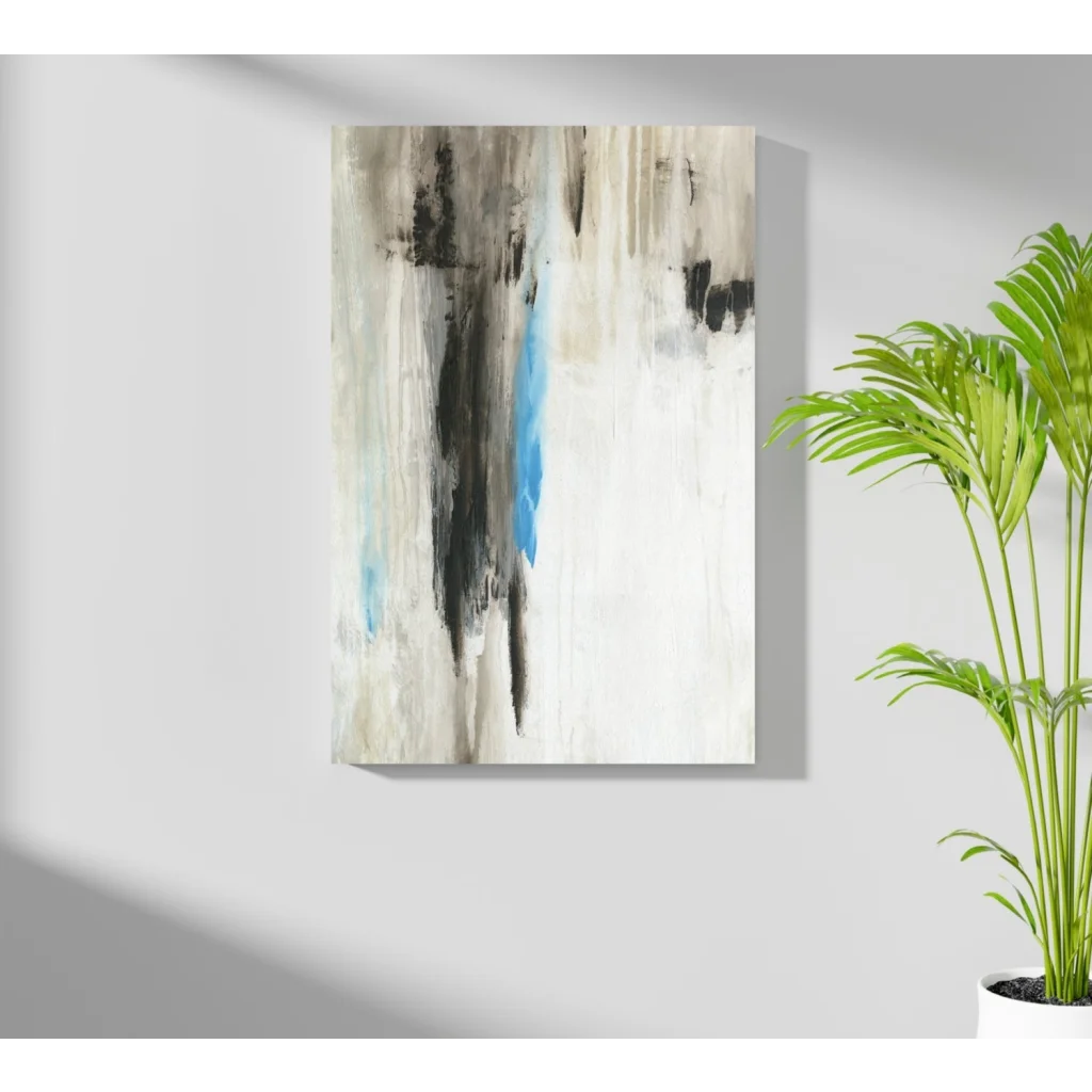 Bold blue abstract insigne aluminum print with vertical black, blue, beige brushstrokes