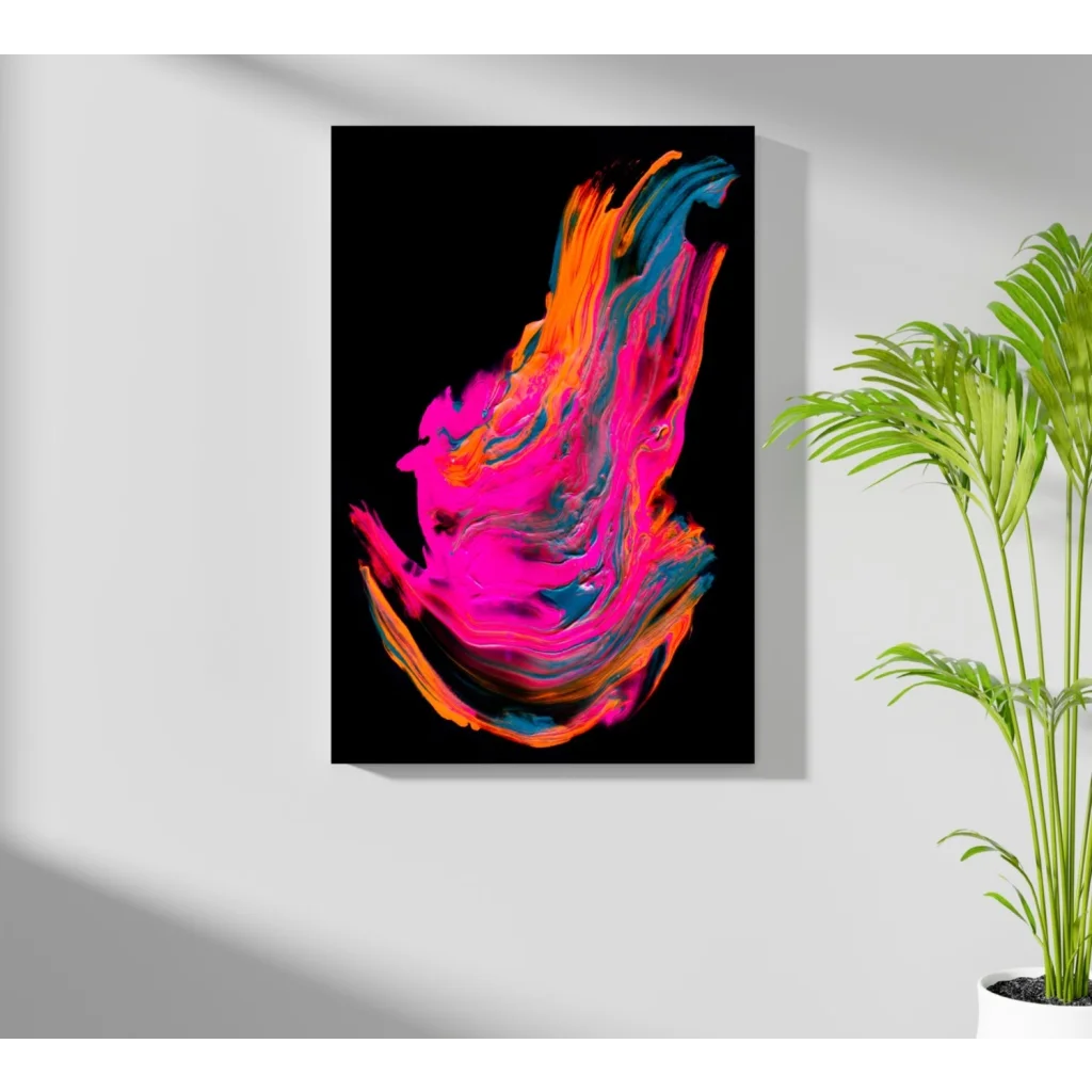 Vibrant neon swirl insigne aluminum print with pink orange blue hues on black