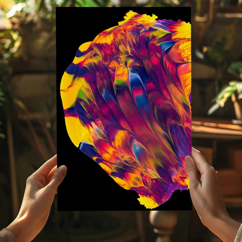 Vibrant cosmic swirl insigne aluminum print in yellow, orange, purple, blue on black