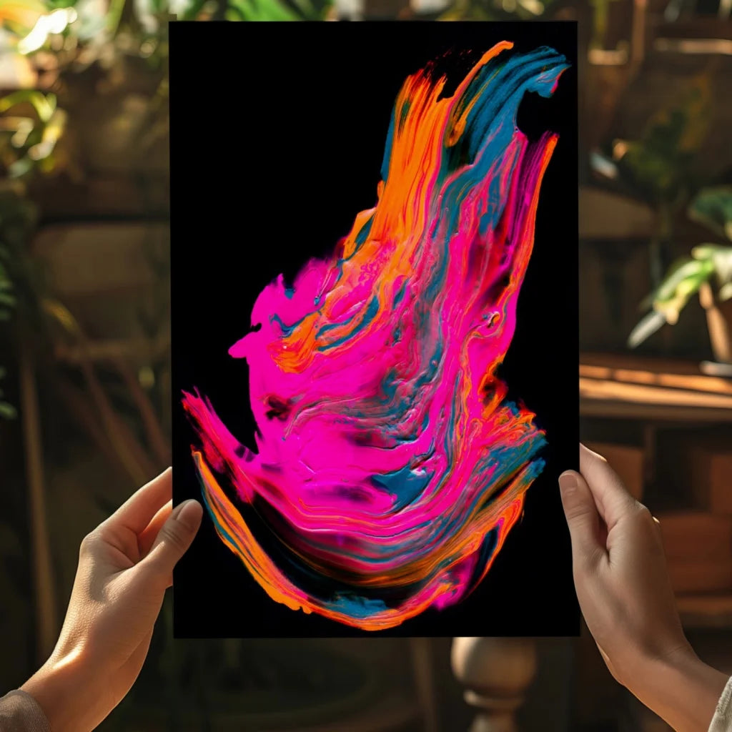 Vibrant neon swirl insigne aluminum print in pink, orange, blue on black