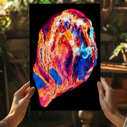 Vibrant swirling pink, blue, orange, gold abstract on black Insigne aluminum print
