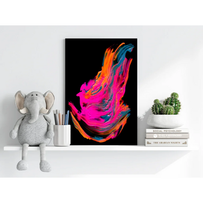 Vibrant neon swirl insigne aluminum print with pink orange blue hues on black
