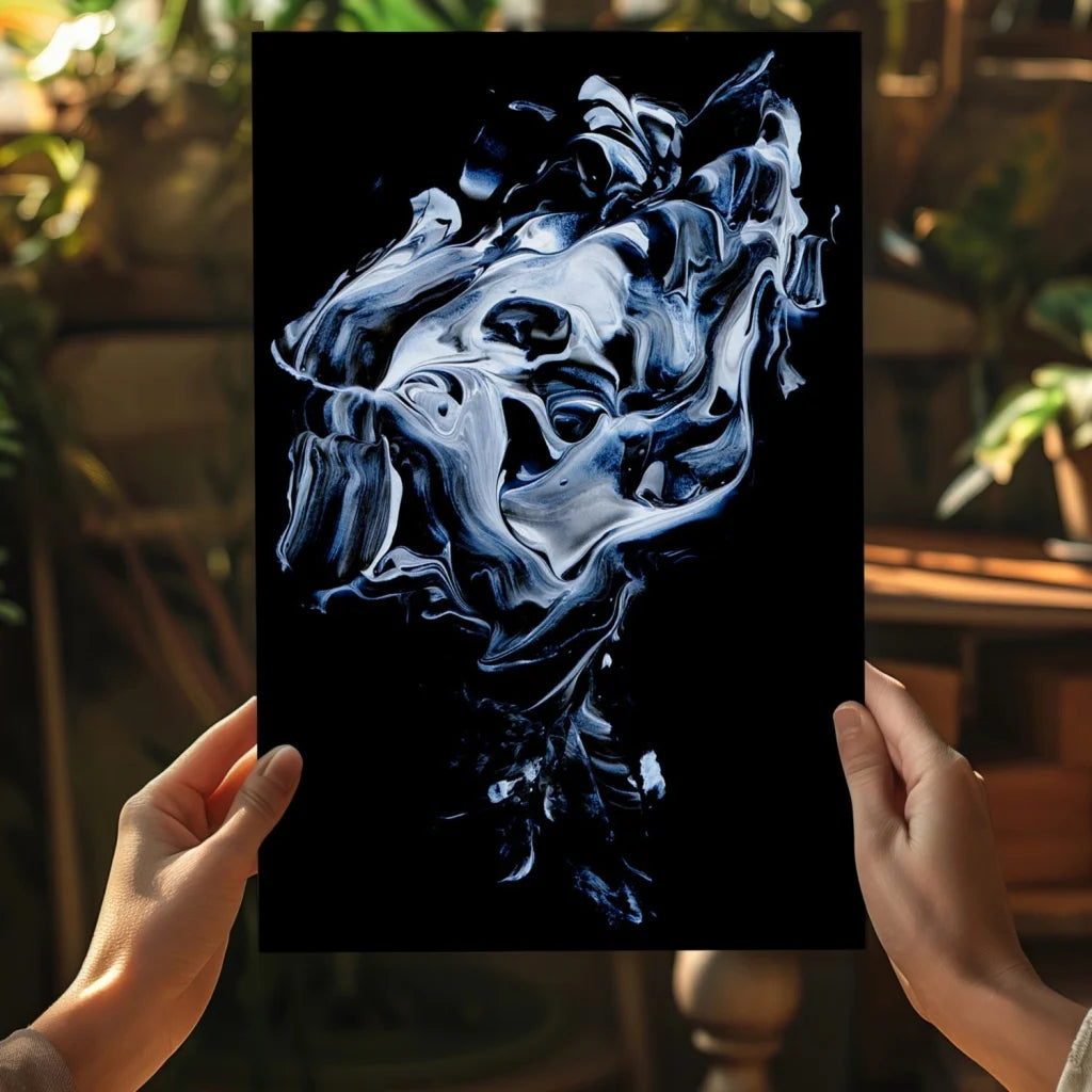 Insigne aluminum prints of swirling white and blue abstract art on black