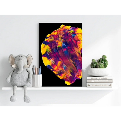 Vibrant cosmic swirl insigne aluminum print in yellow, orange, purple, blue on black