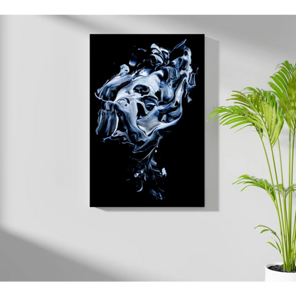 Insigne aluminum print with swirling silver abstract design on black background