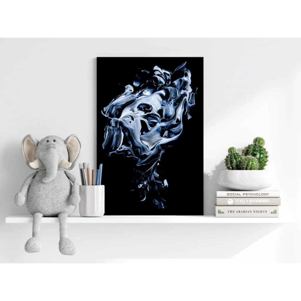 Insigne aluminum prints with swirling silver abstract design on black canvas