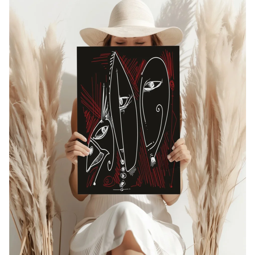 Bold abstract faces insigne aluminum prints in red and white