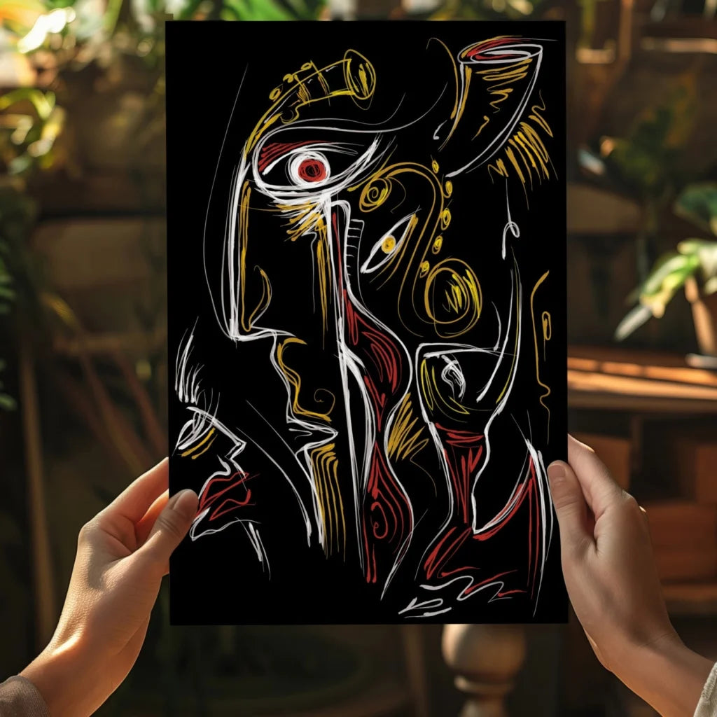 Stunning abstract face on Insigne aluminum print in gold and red