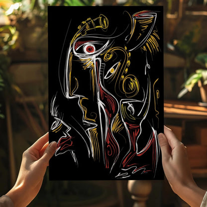 Stunning abstract face on Insigne aluminum print in gold and red
