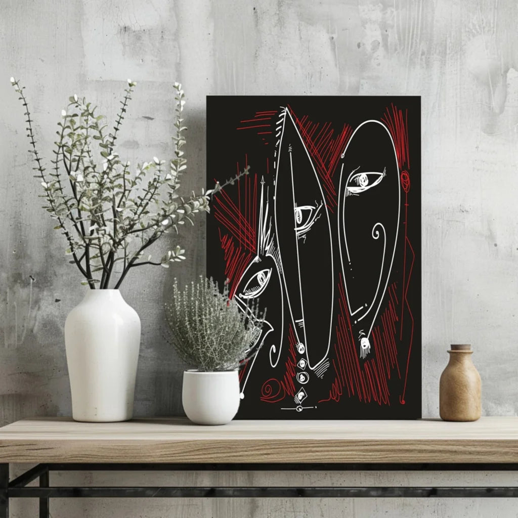 Bold abstract faces on black canvas in Insigne aluminum prints, red and white