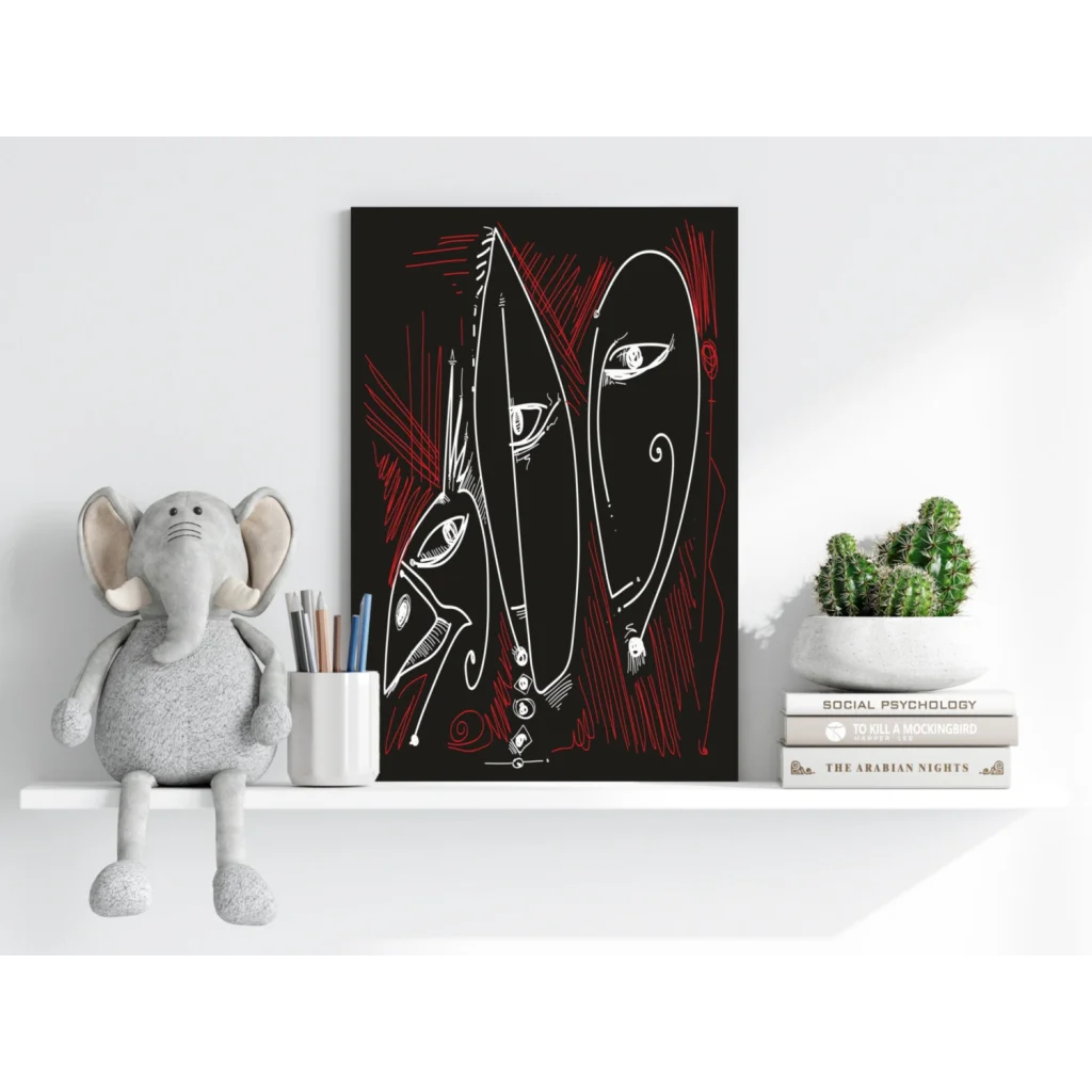 Bold abstract faces on black canvas as insigne aluminum prints in red and white