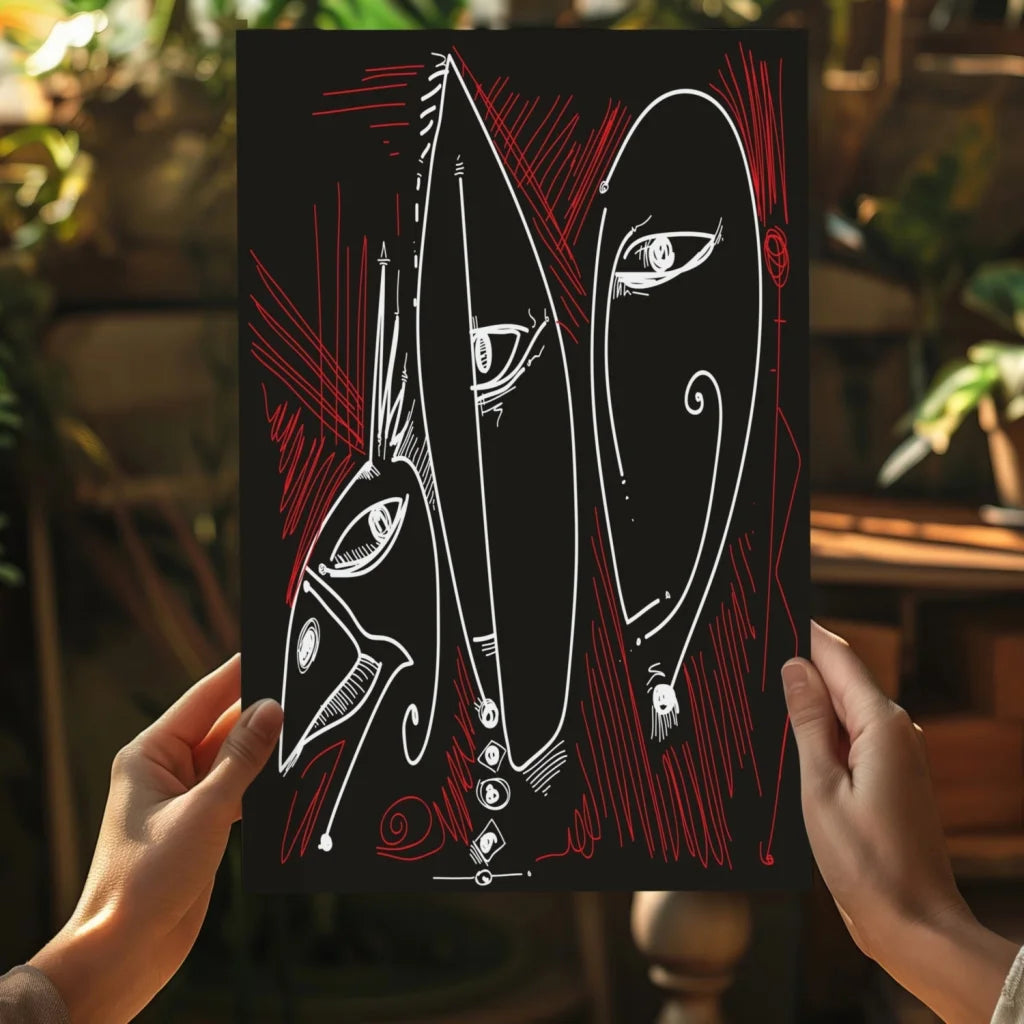 Bold abstract faces insigne aluminum prints in red and white