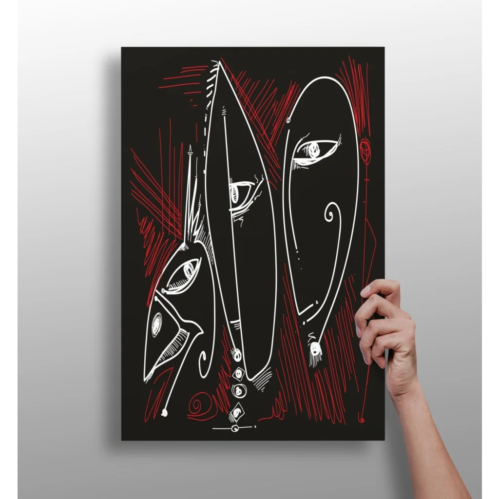 Bold abstract faces insigne aluminum prints in red and white