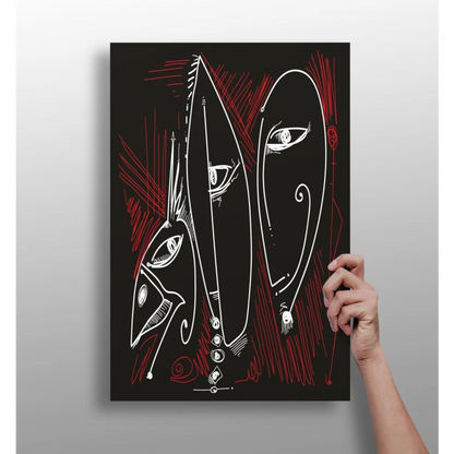 Bold abstract faces insigne aluminum prints in red and white