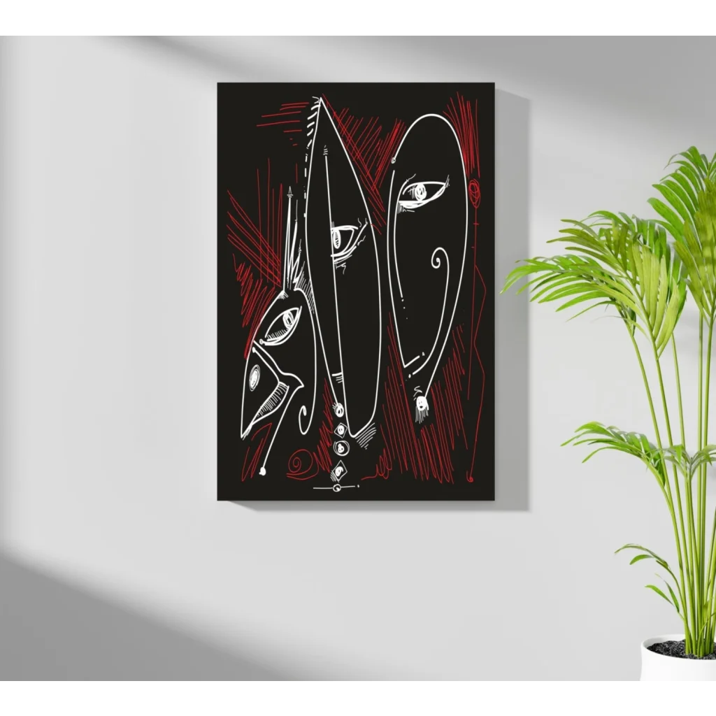 Bold abstract faces insigne aluminum prints in red and white