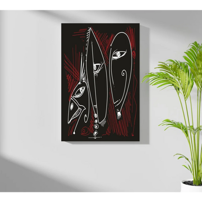 Bold abstract faces insigne aluminum prints in red and white