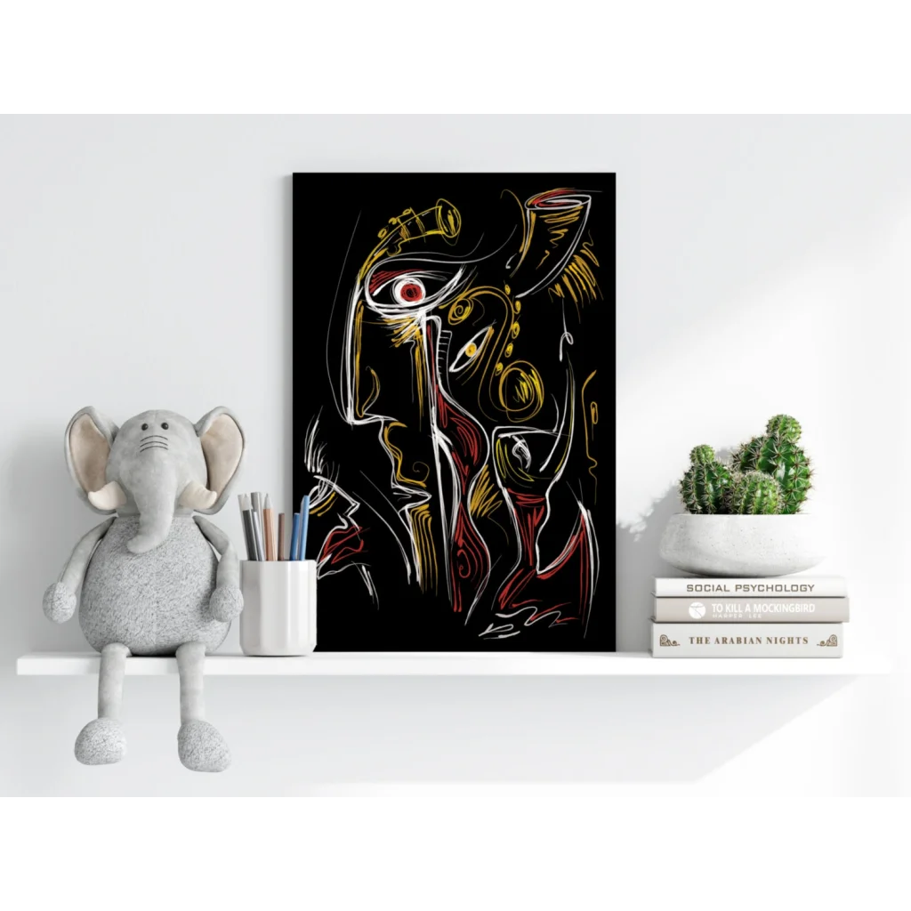 Abstract Insigne aluminum prints with bold red gold face on black