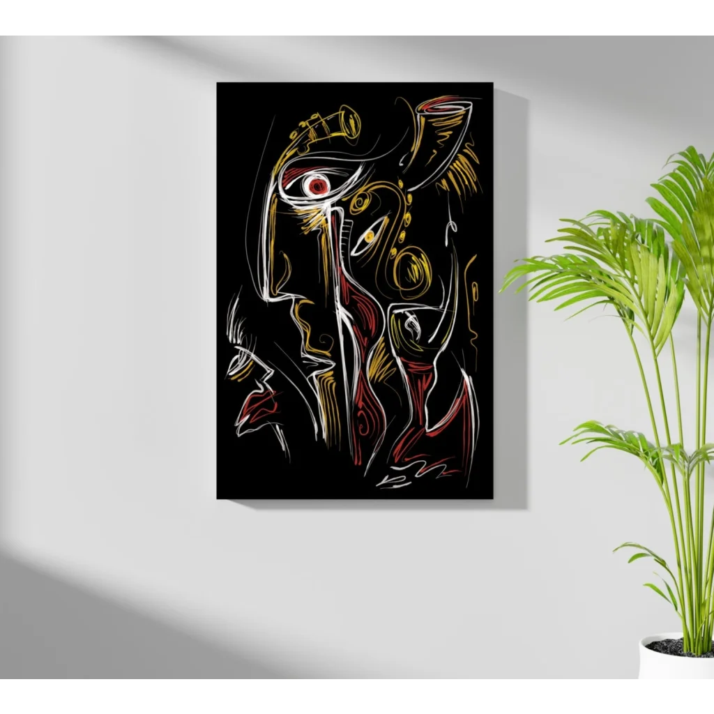 Stunning abstract face insigne aluminum prints in gold and red