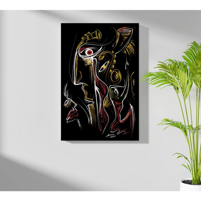 Stunning abstract face insigne aluminum prints in gold and red