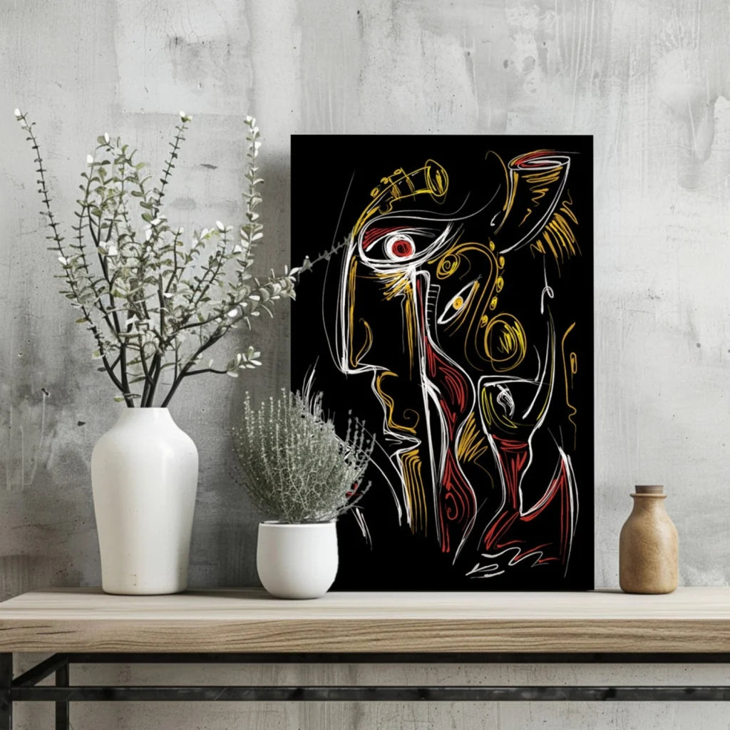 Stunning Abstract Face Insigne Aluminum Prints in Gold and Red | Glass Wall Art Print | vintageantiquesgifts.com