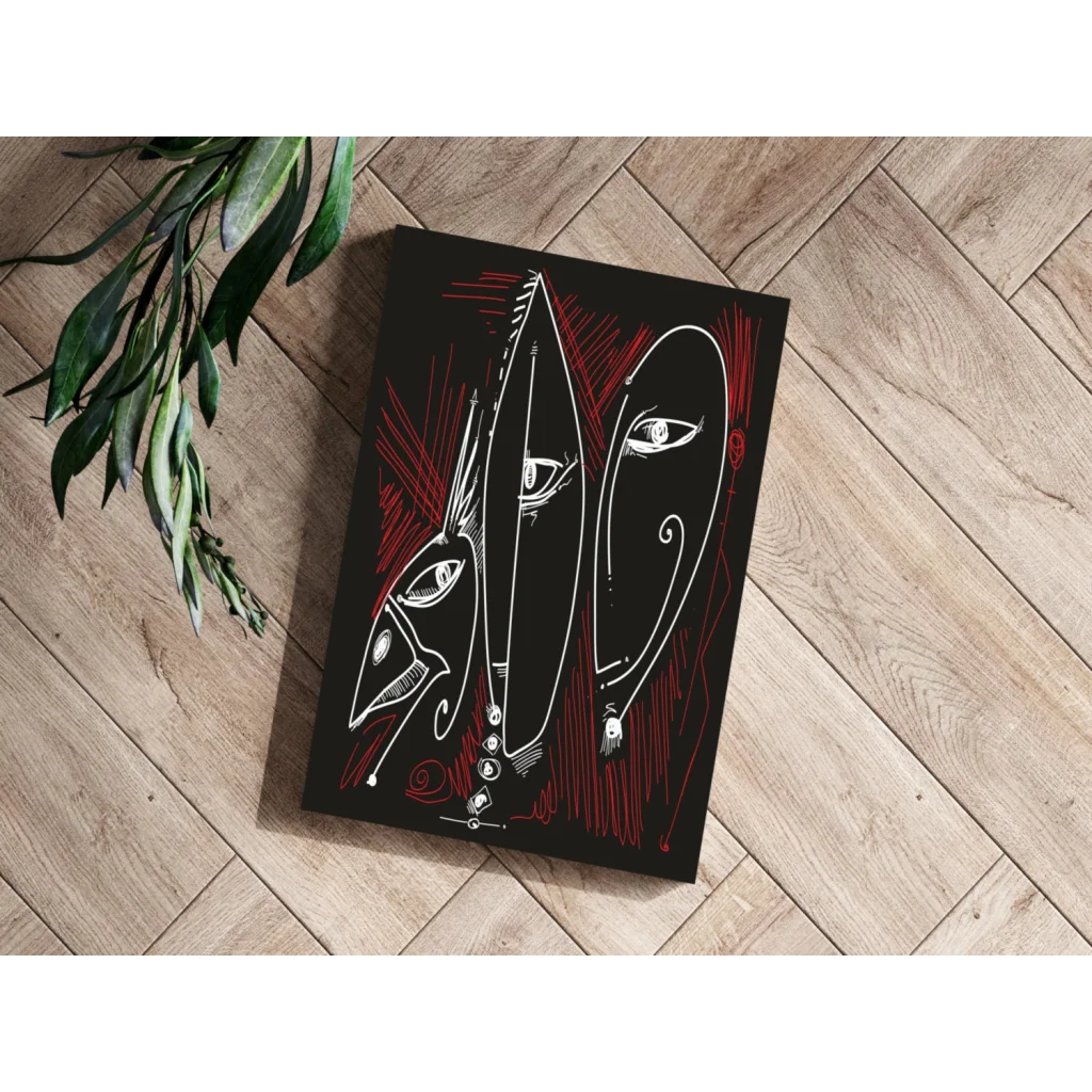 Bold abstract faces insigne aluminum prints in red and white