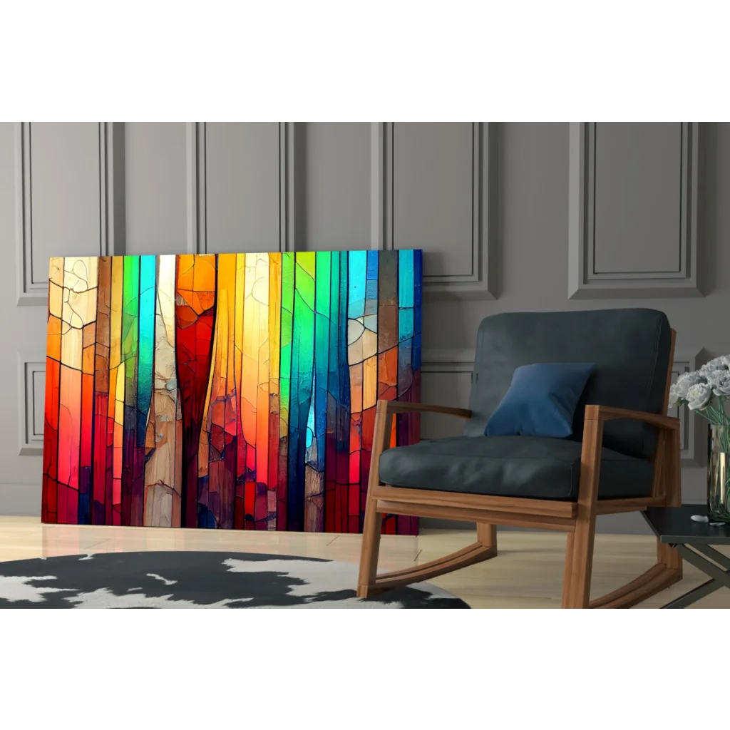 Vibrant rainbow stained glass wall art canvas with vertical stripes