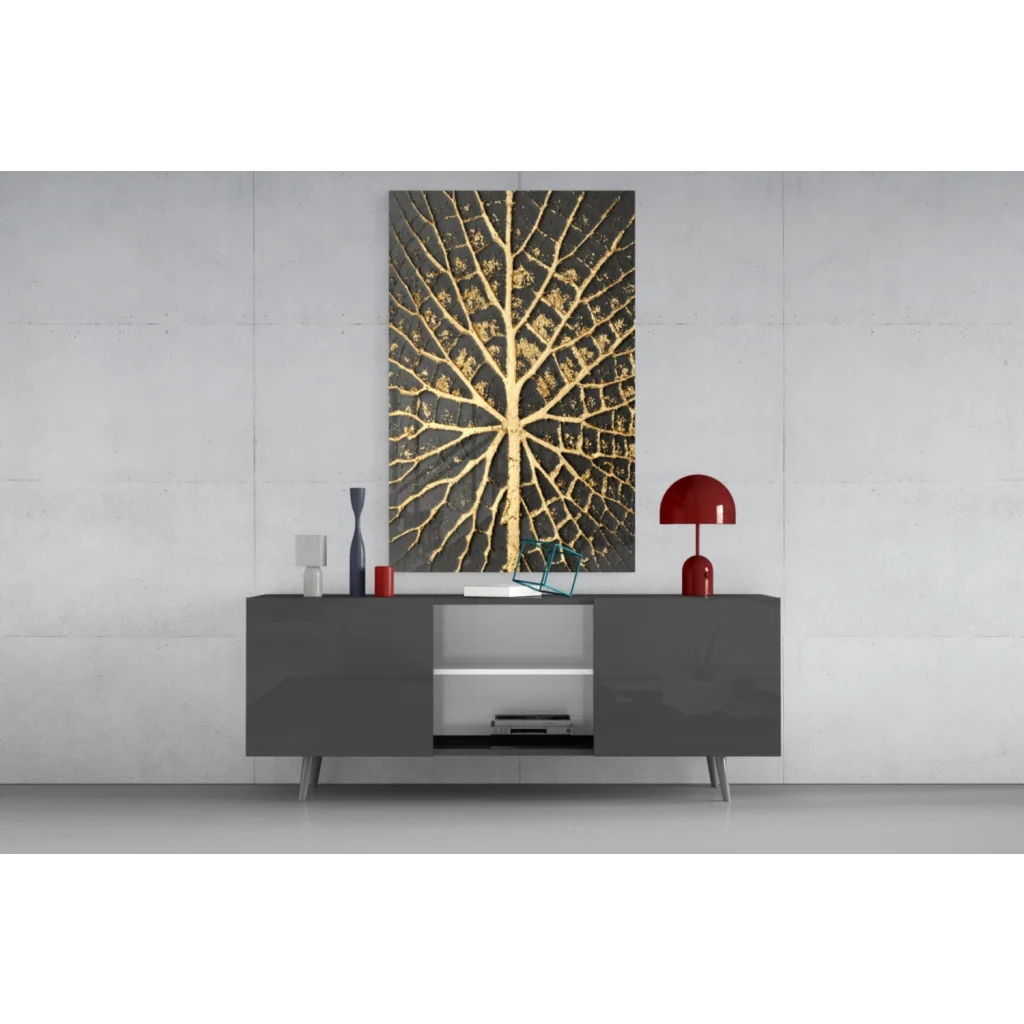 Stunning black gold leaf abstract art glass wall piece on gray console