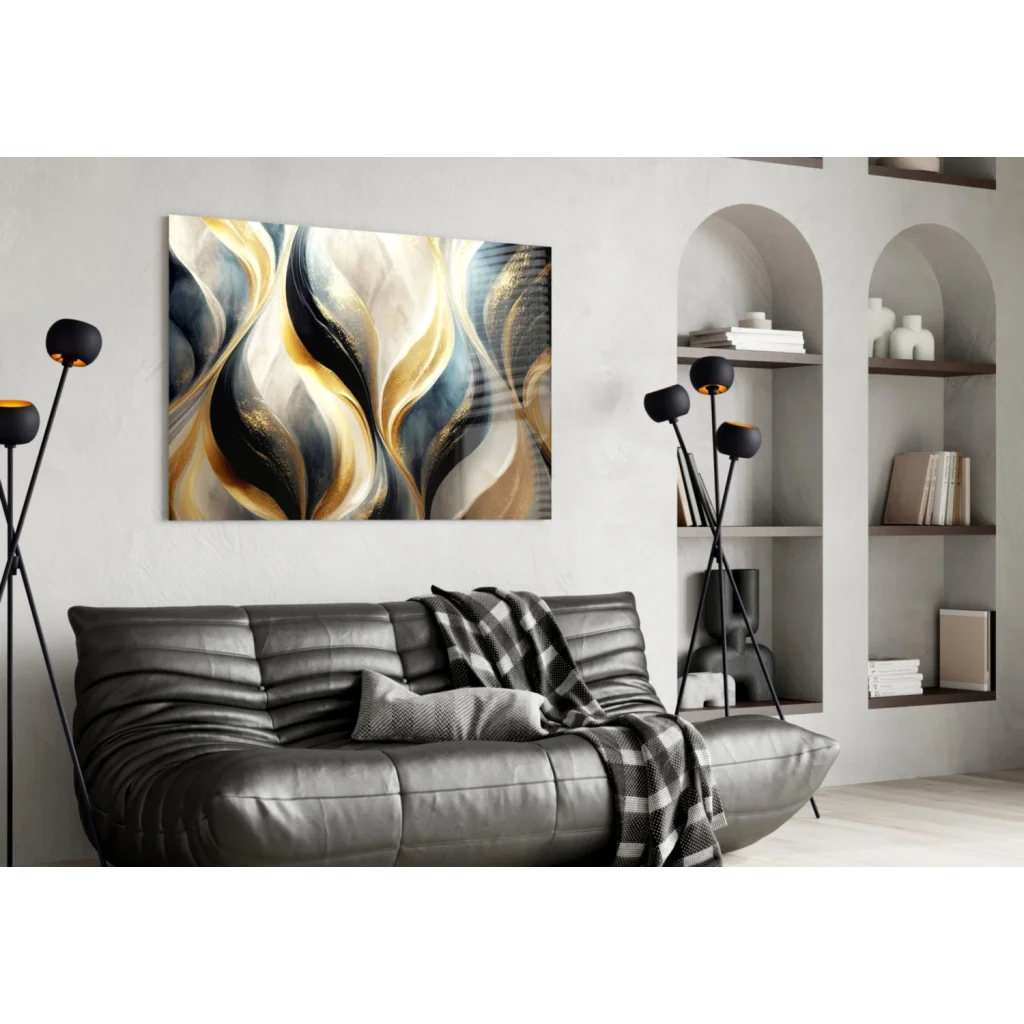 Luxe Gold Wave abstract canvas wall art with metallic shimmer