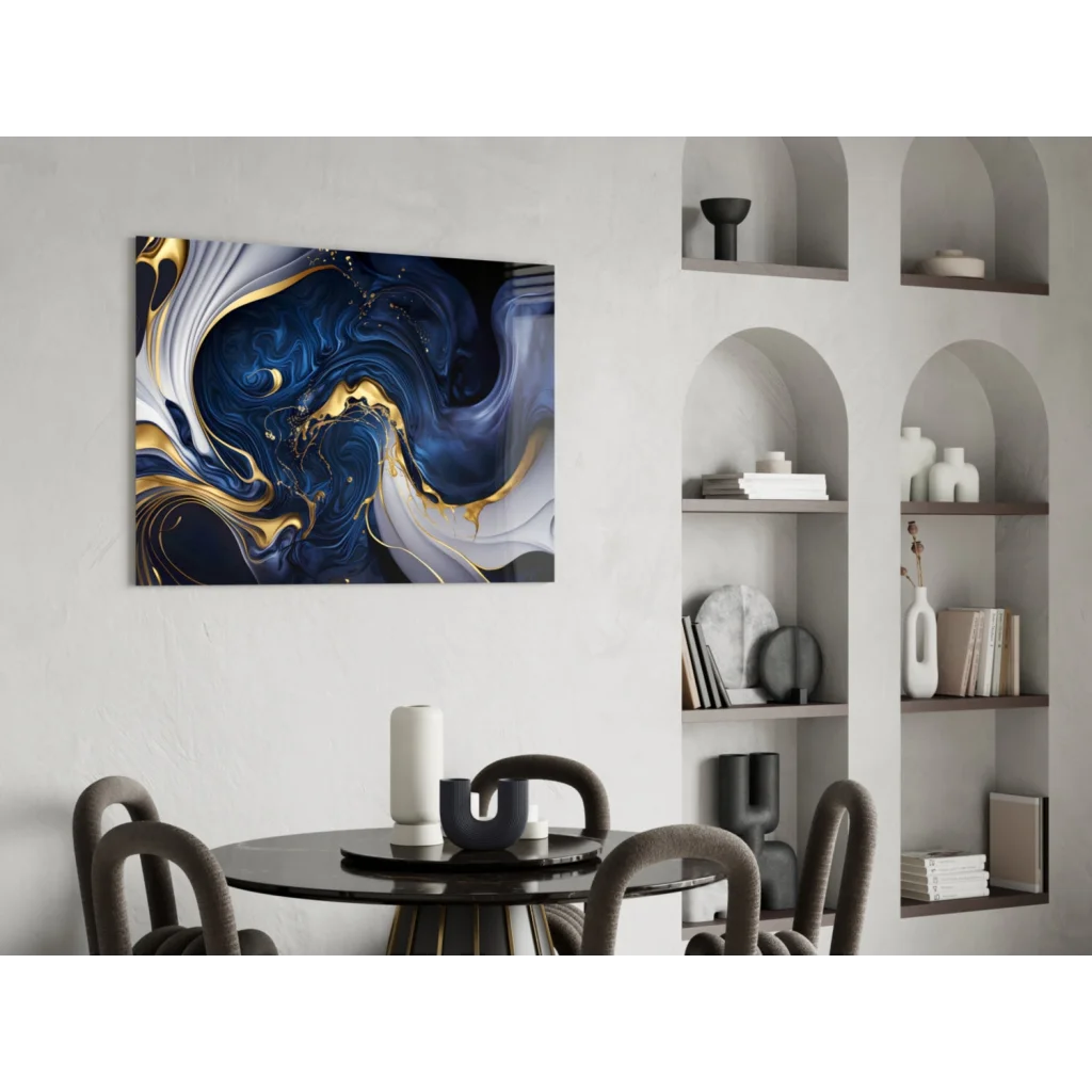 Navy blue gold swirl abstract canvas wall art with deep blue patterns