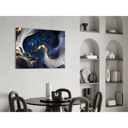 Navy blue gold swirl abstract canvas wall art with deep blue patterns
