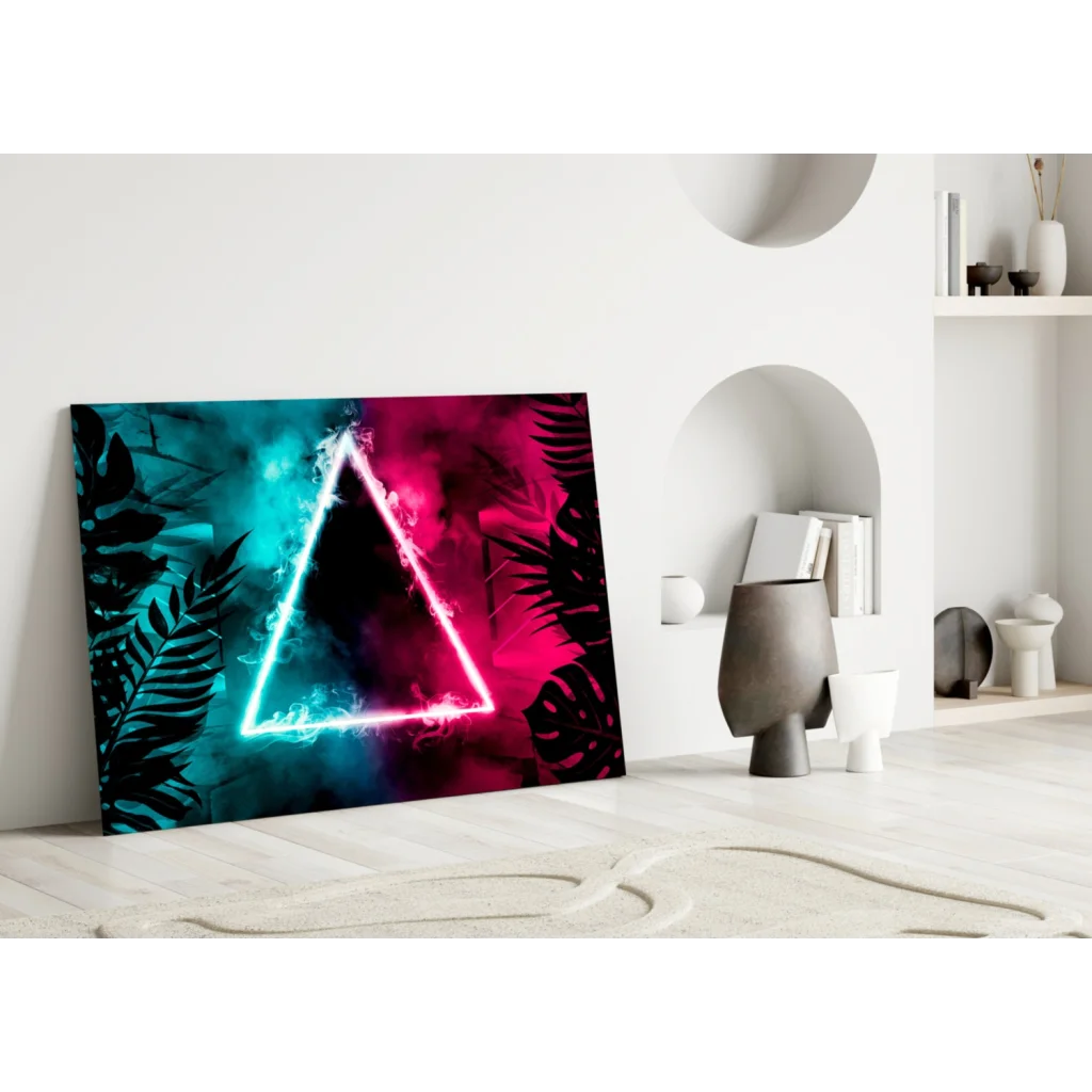 Vibrant neon triangle glass wall art with glowing pink cyan edges on tropical teal magenta backdrop