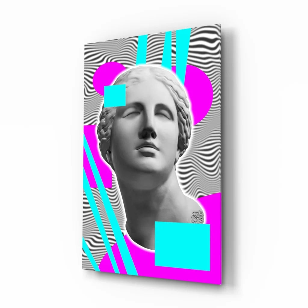 Vibrant pop art marble bust glass wall art with neon geometric design